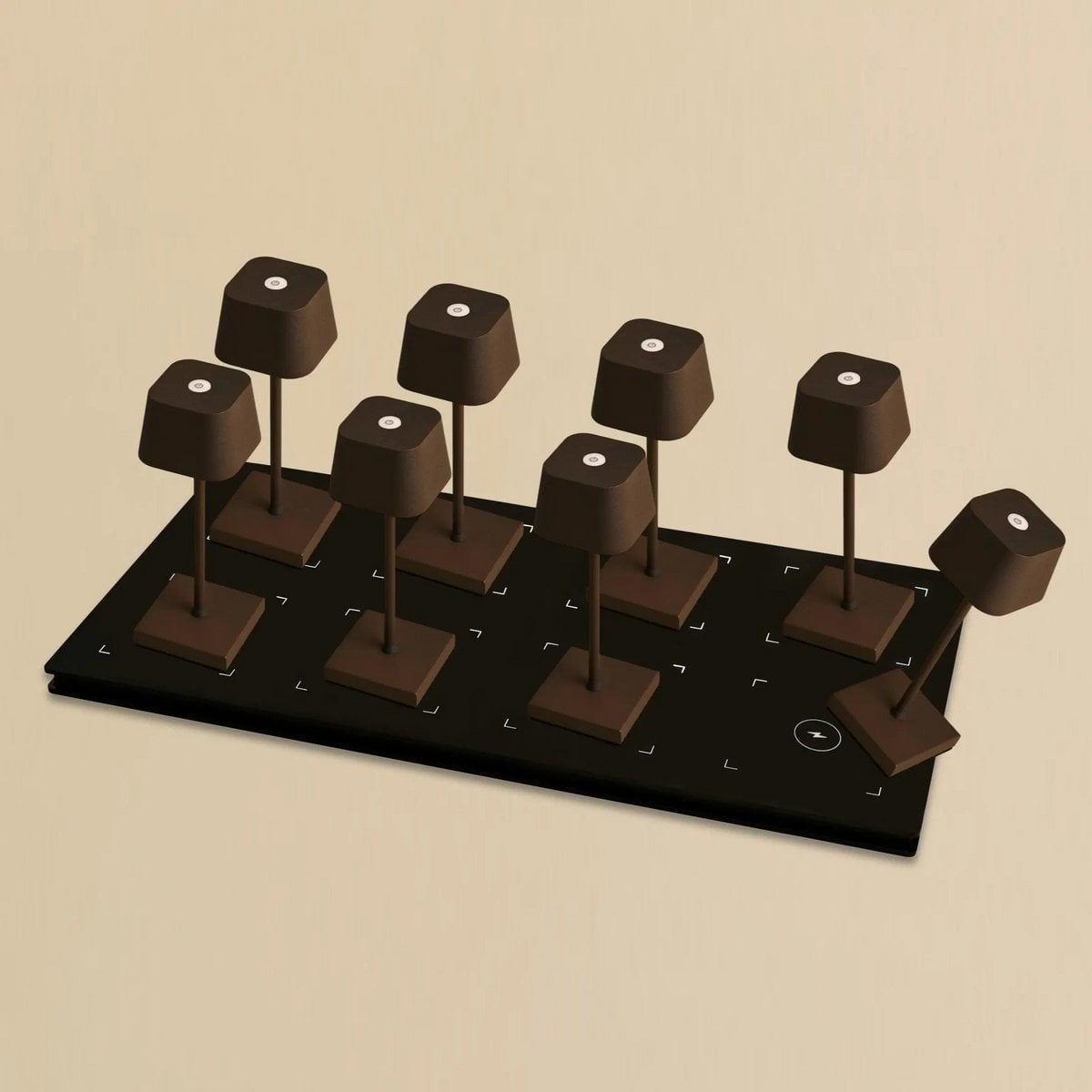 Combiset Professioneel | 8 x Sarphati Mini Mokka Bruin Oplaadbare Tafellampen & 1 x Centraal Station Oplaadstation