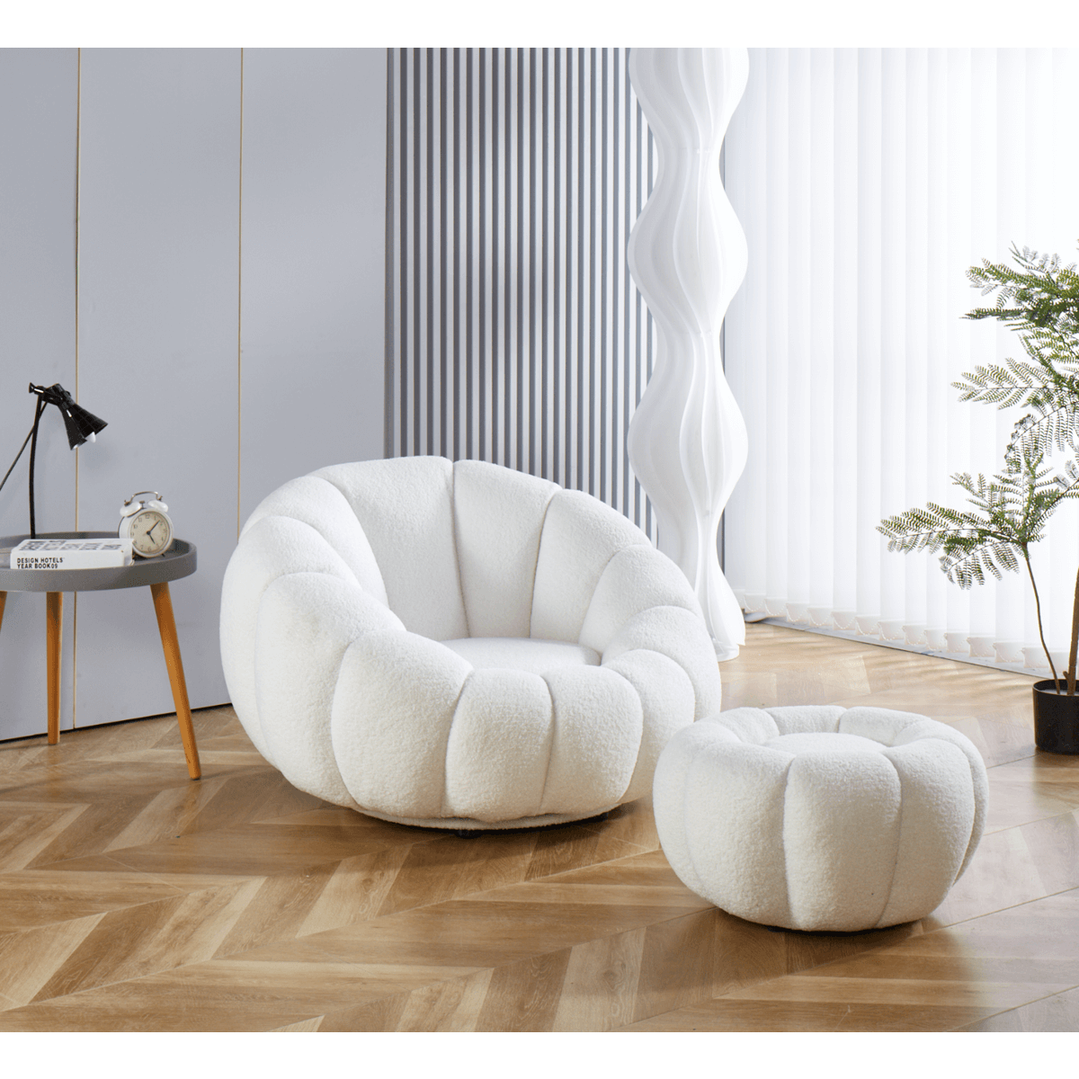 Armchair and stool set made of white teddy fur - SalesFever