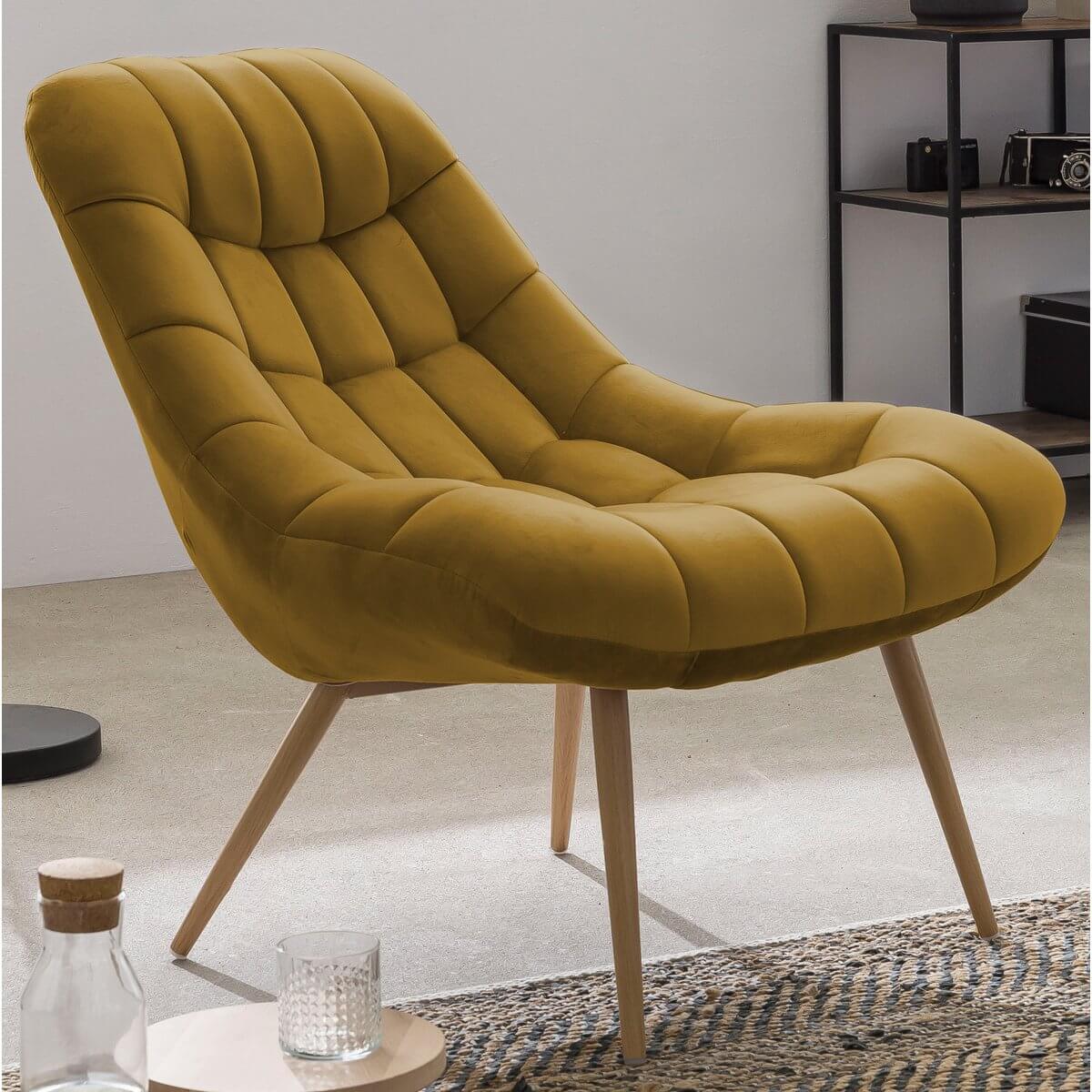 Armchair XXL velvet yellow metal wood look - SalesFever