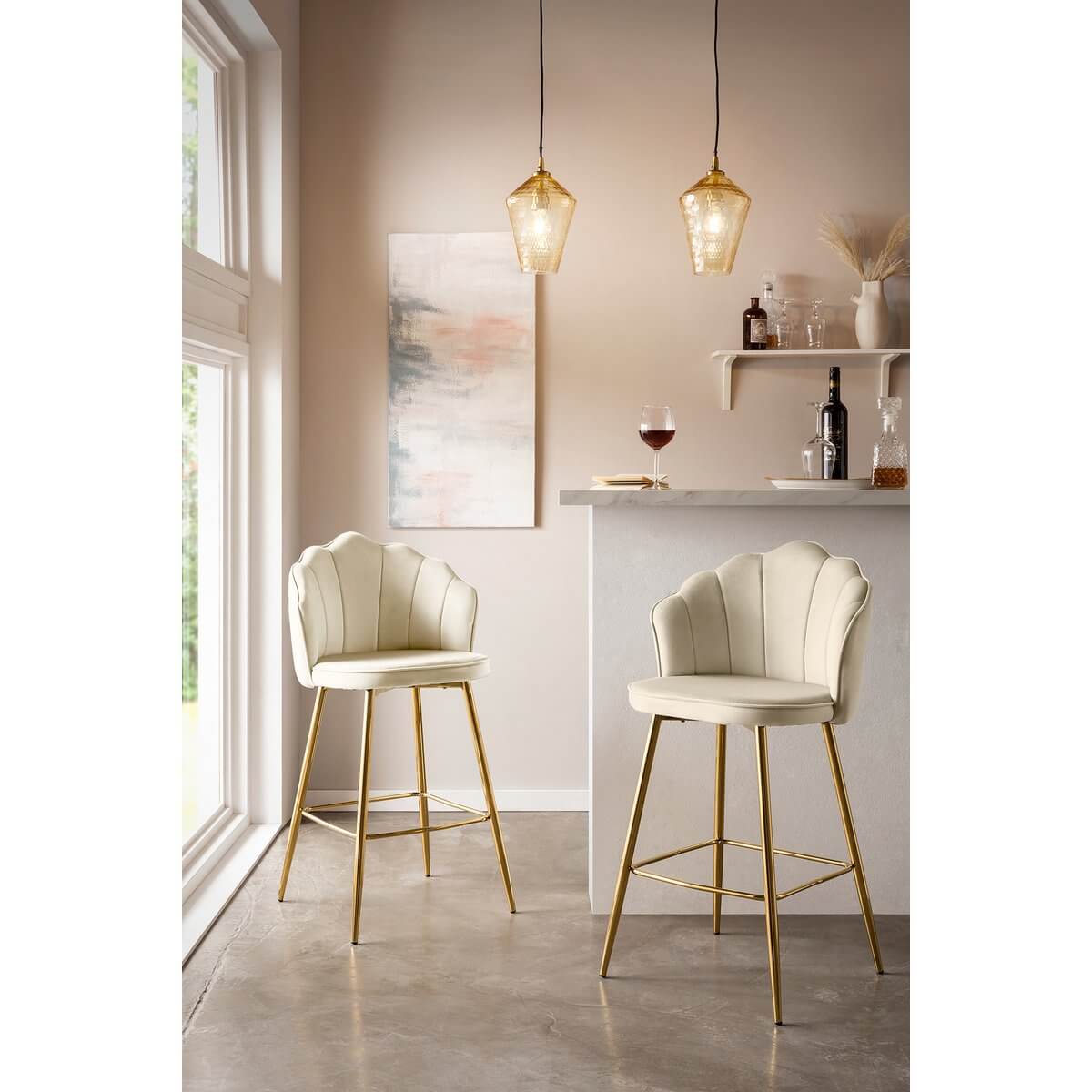 Set of 2 shell design bar stools in beige velvet - SalesFever