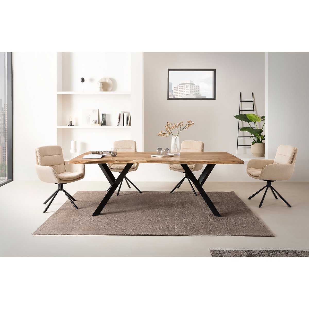Draaifauteuil Beige – Corduroy-Look met Zwart Metalen Frame - SalesFever - Casanovio