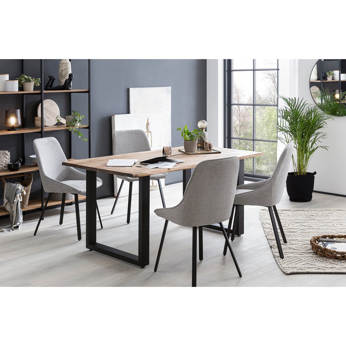 Eetkamerstoel Grijs – Structuurstof in Katoenlook met Zwart Metalen Frame – Set van 2 - SalesFever - Casanovio