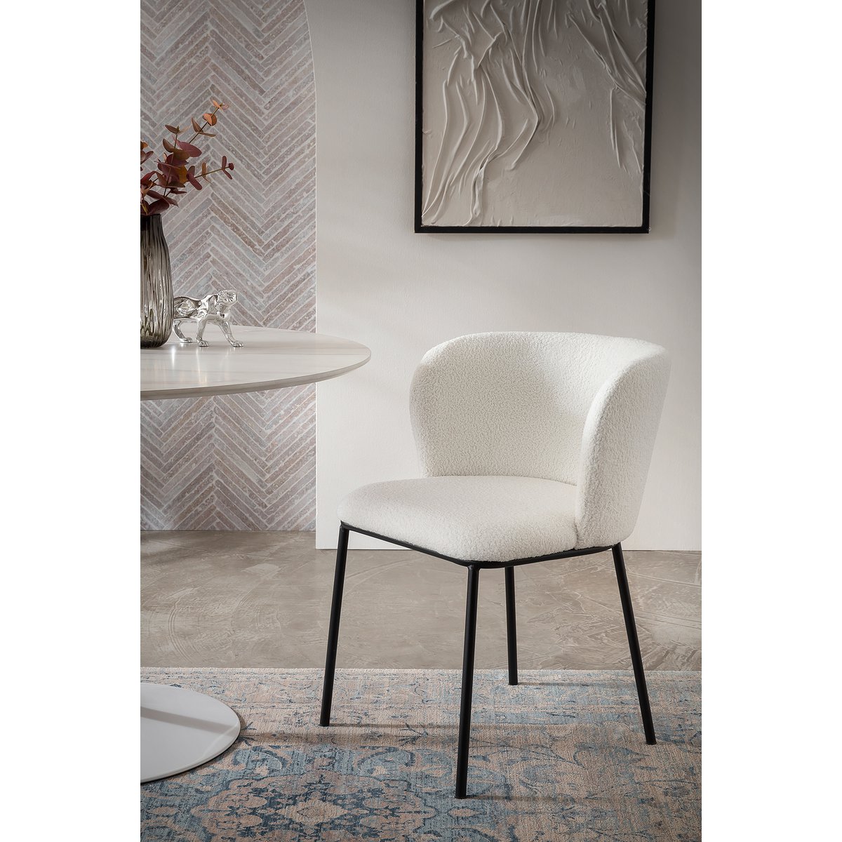 Eetkamerstoel Wit – Bouclé-Look met Zwart Metalen Frame – Set van 2 - SalesFever - Casanovio