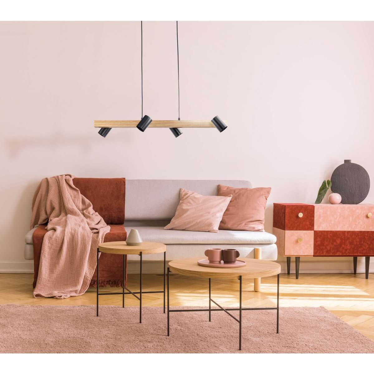 Frida 4-lichts hanglamp zwart - met houtaccent - 80 × 24 × 120 cm