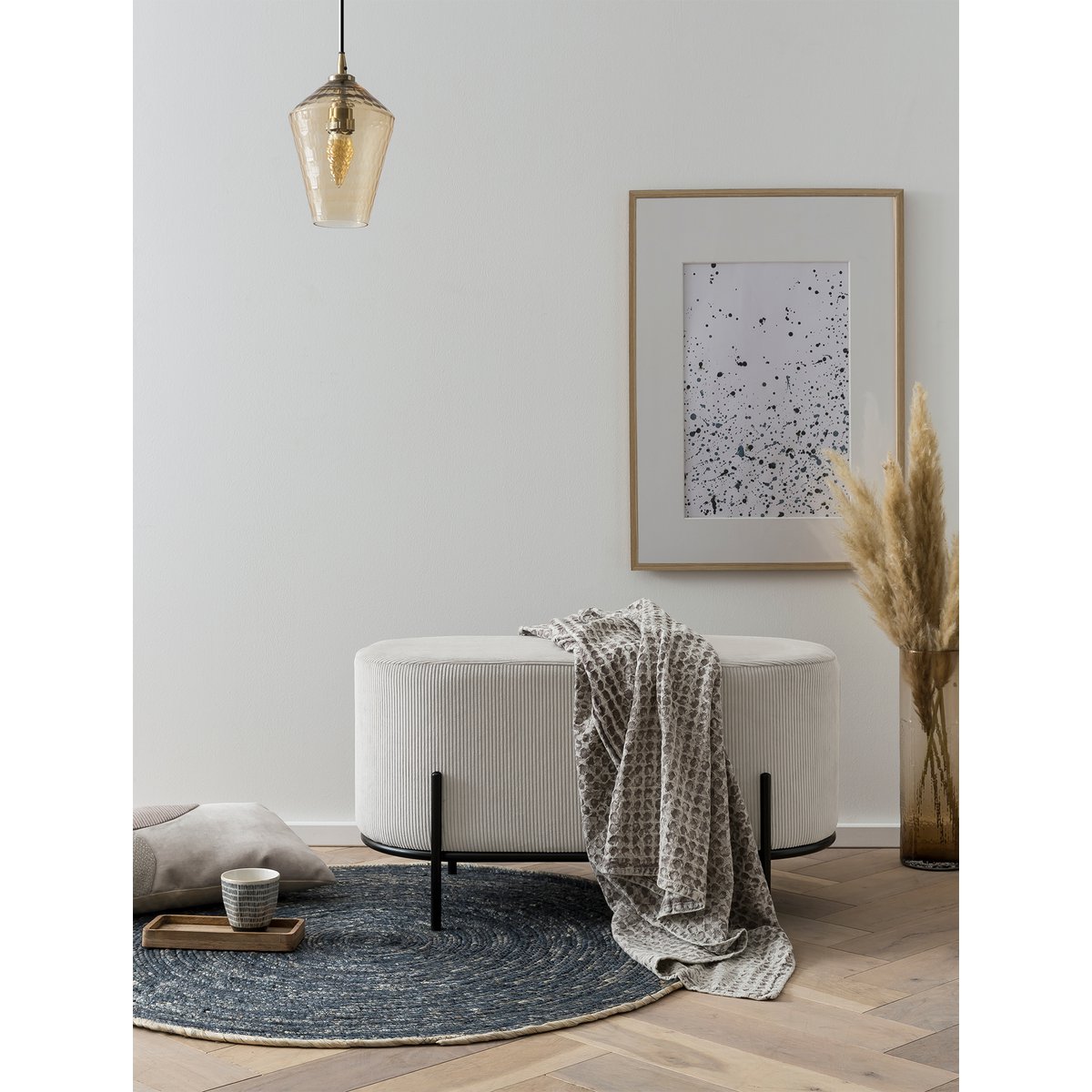 Gestoffeerde Poef Lichtgrijs – Corduroy-Look met Hoog Frame Zwart - SalesFever - Casanovio