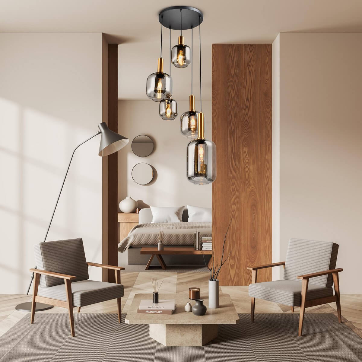 Hanglamp 5-Lichts Met Rookglazen Kappen – Retro 80s