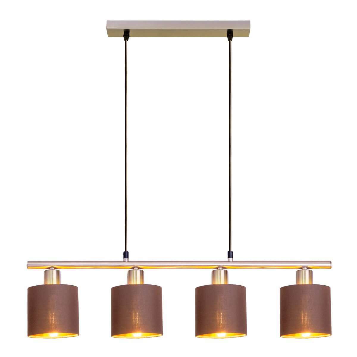 Maron 4-lichts hanglamp nikkel gesatineerd - bruine stofkappen met goud - 72,4 × 12 × 140 cm