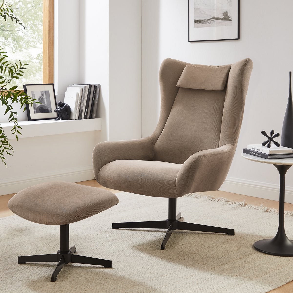 Relaxstoel Bruin met Hocker – Corduroy-Look met Zwart Metalen Frame - SalesFever - Casanovio