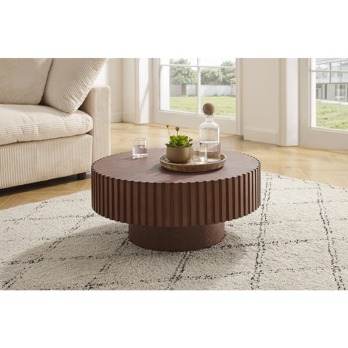 Ronde Salontafel Walnoot 80 cm – Luxe Loungehoogte met Massief Houten Lamellen - SalesFever - Casanovio