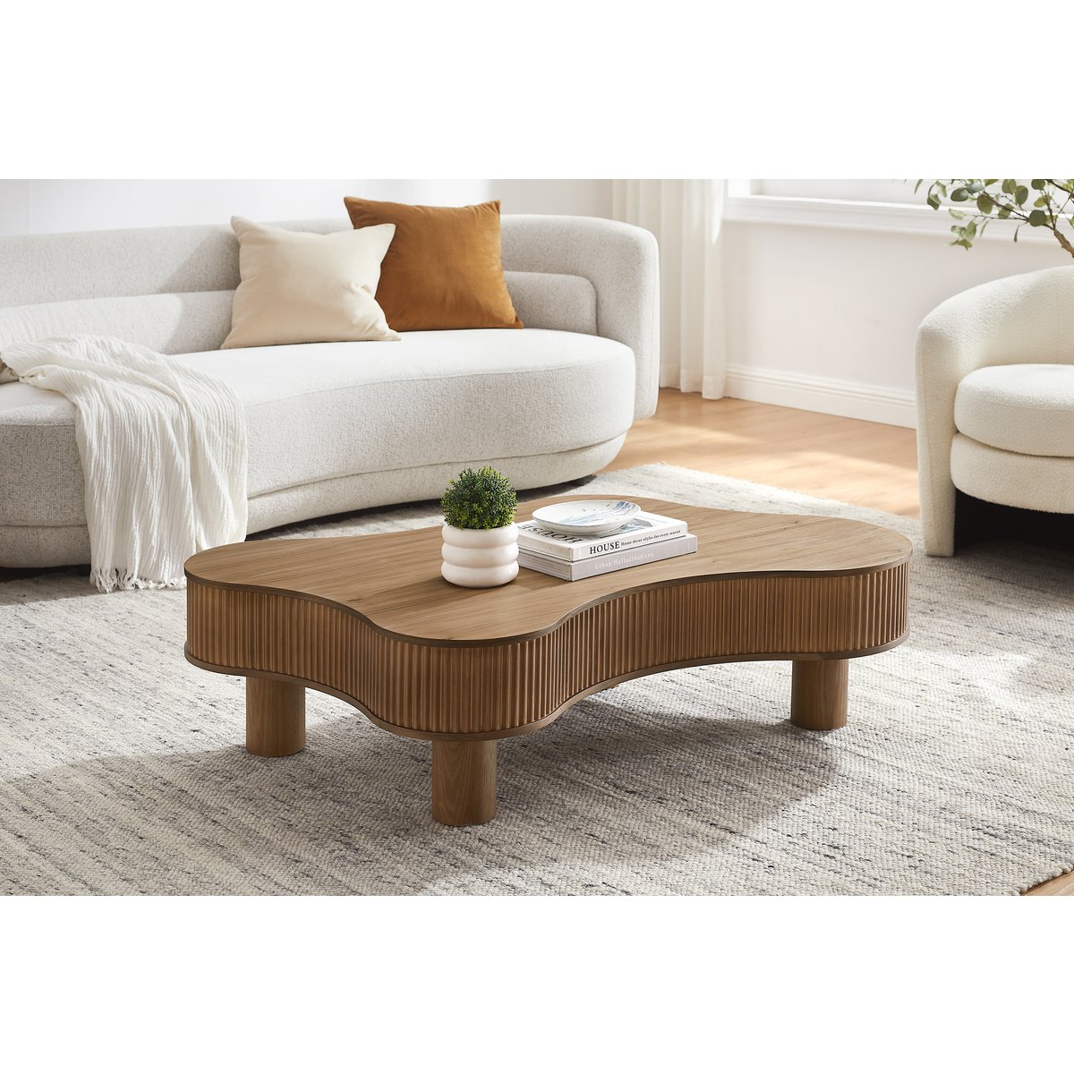 Salontafel Walnoot 116 x 77 cm – Golfvormig Design met Houten Lamellen - SalesFever - Casanovio