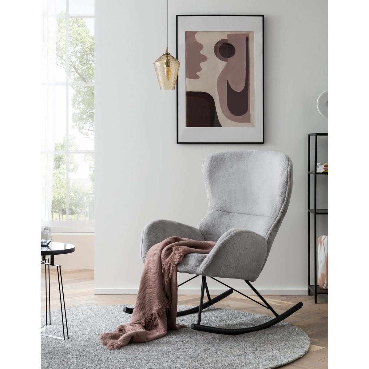 Schaukelstuhl in Lammfelloptik Hellgrau - SalesFever