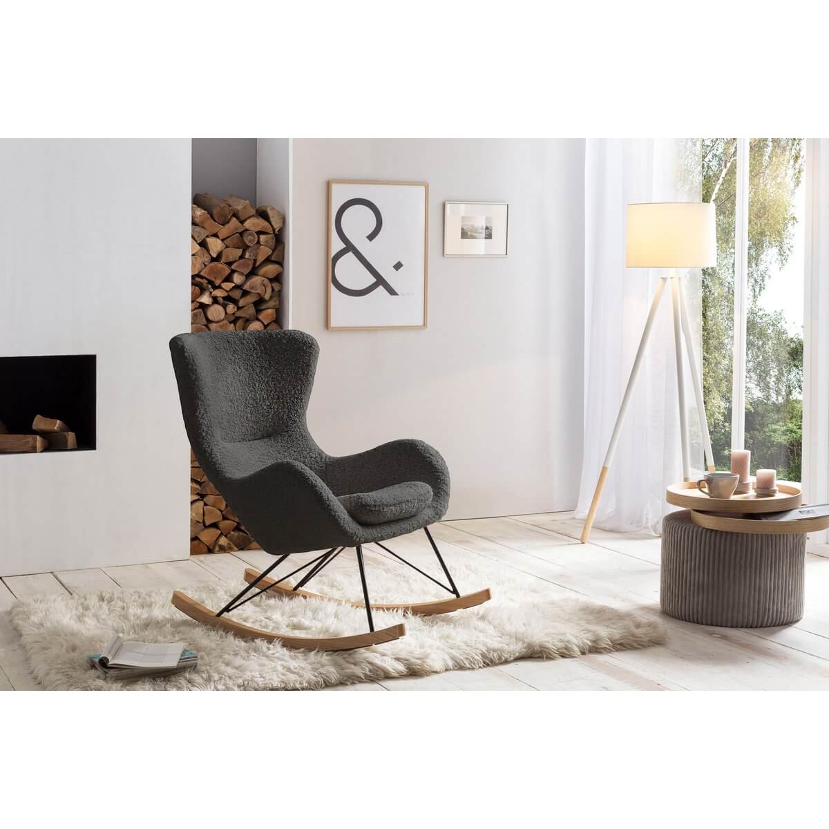 Rocking chair teddy fur dark gray - SalesFever