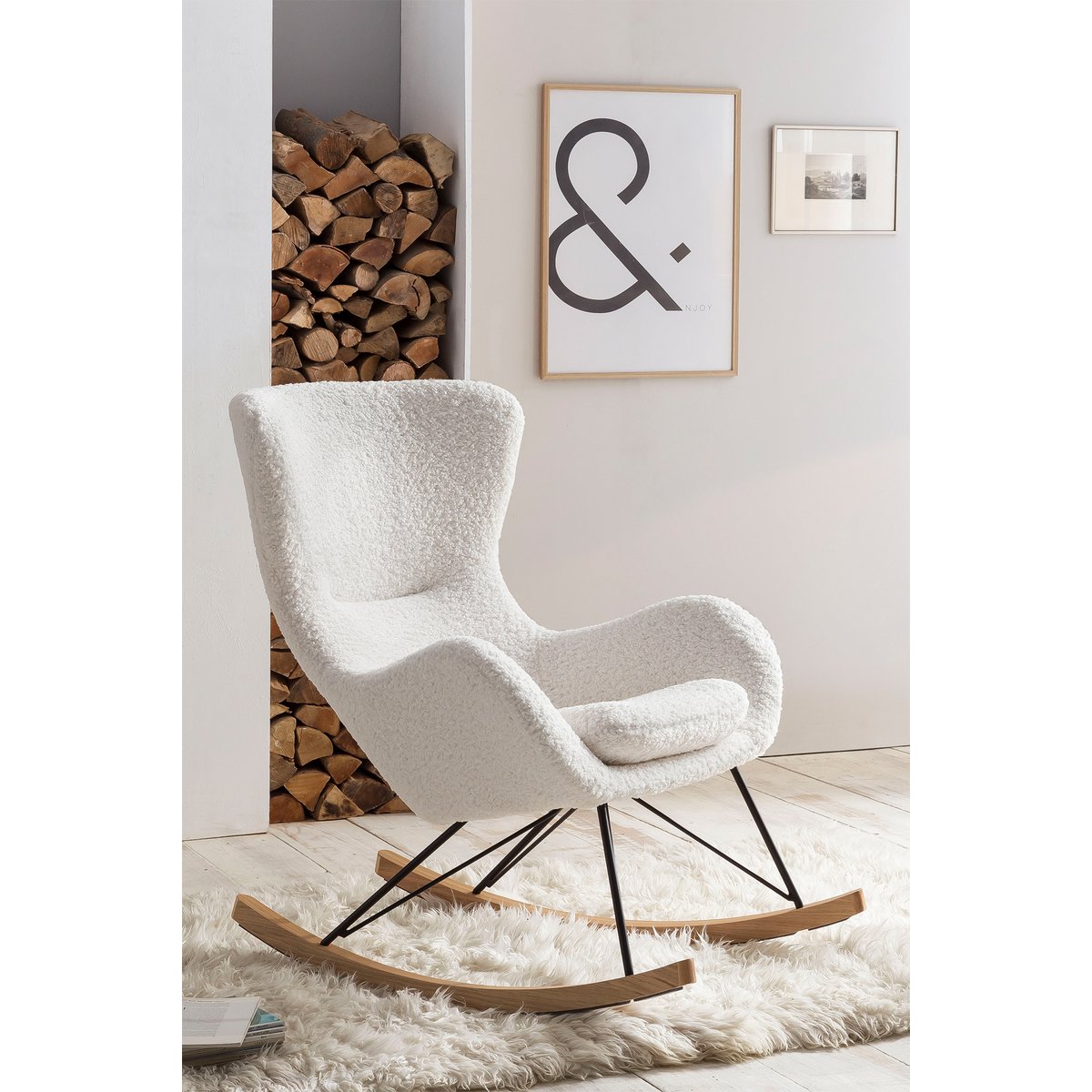 Schommelstoel Teddy Wit – Scandinavische Relaxfauteuil met Houten Lopers - SalesFever - Casanovio