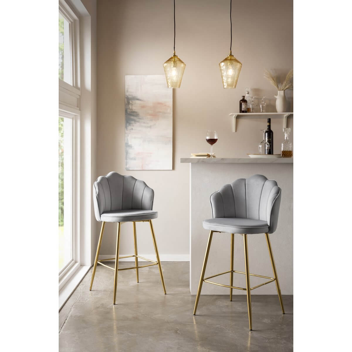 Set of 2 shell design bar stools in light gray velvet - SalesFever