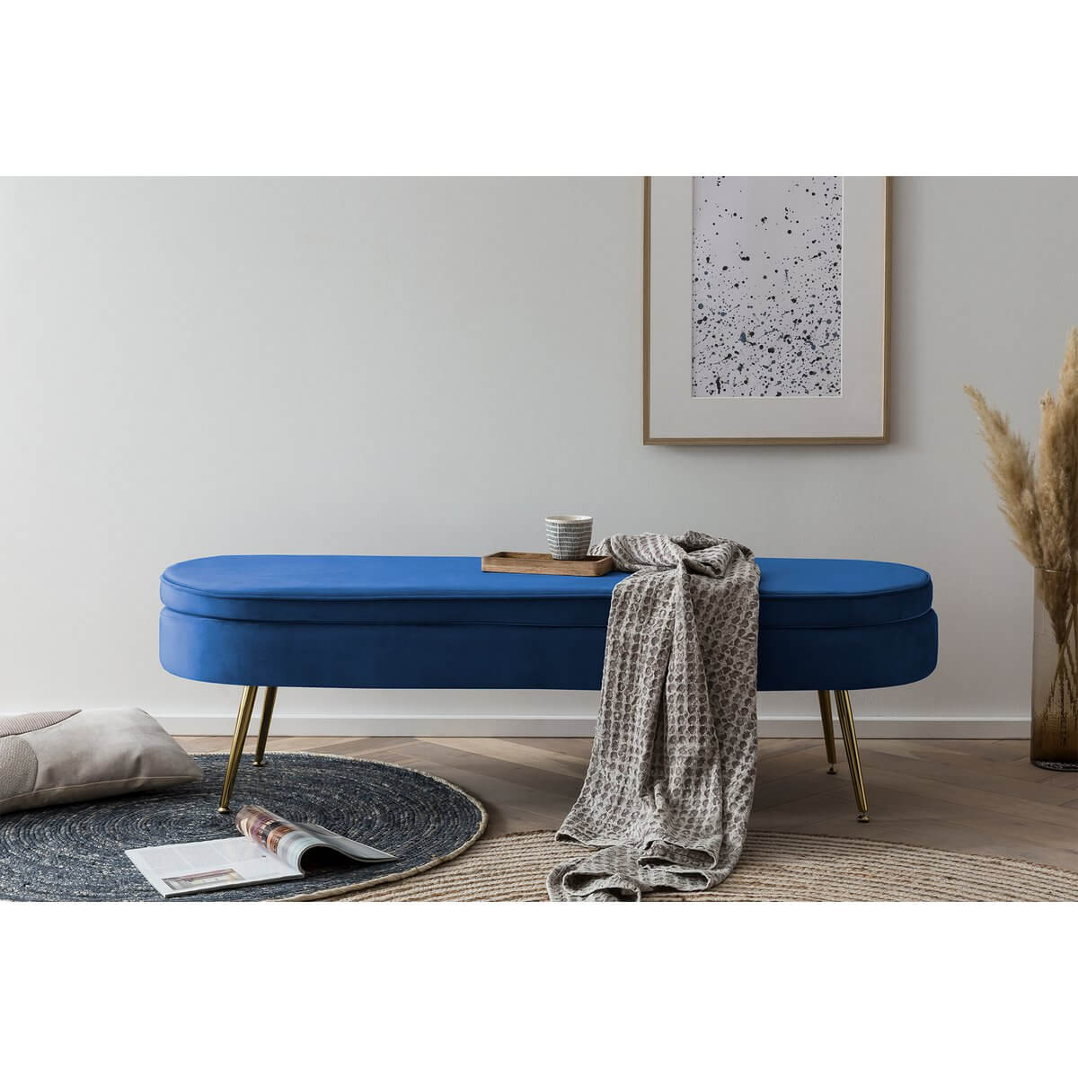 Sitzpouf oval lang aus Samt Dunkelblau - SalesFever