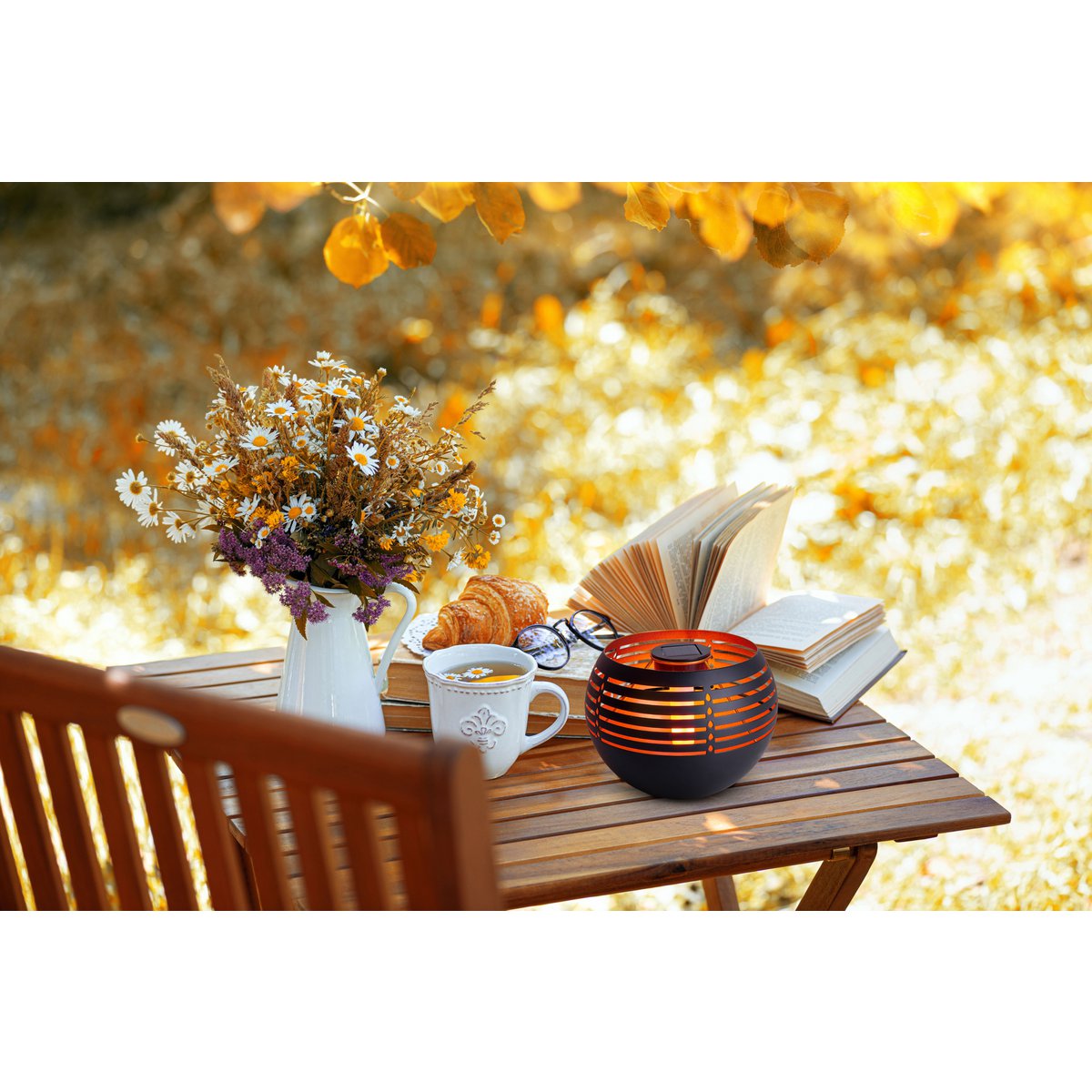 Solar led tafellamp buiten zwart - flame effect met doorbraakpatroon - 21 × 21 × 16 cm