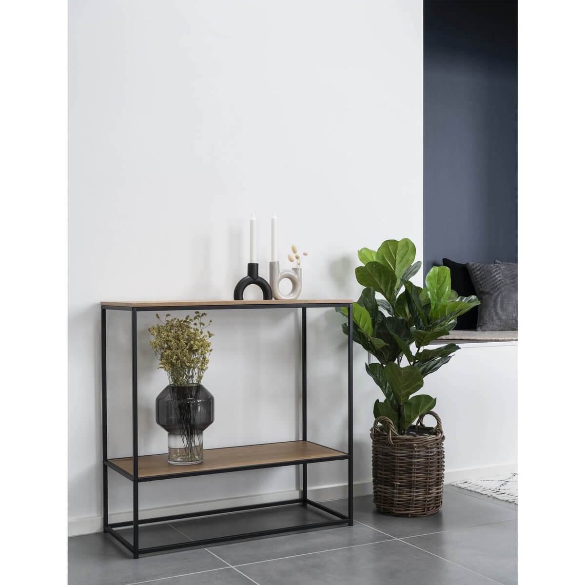 Vita consoletafel eikenlook - zwart metalen frame - 36 × 80 × 80 cm