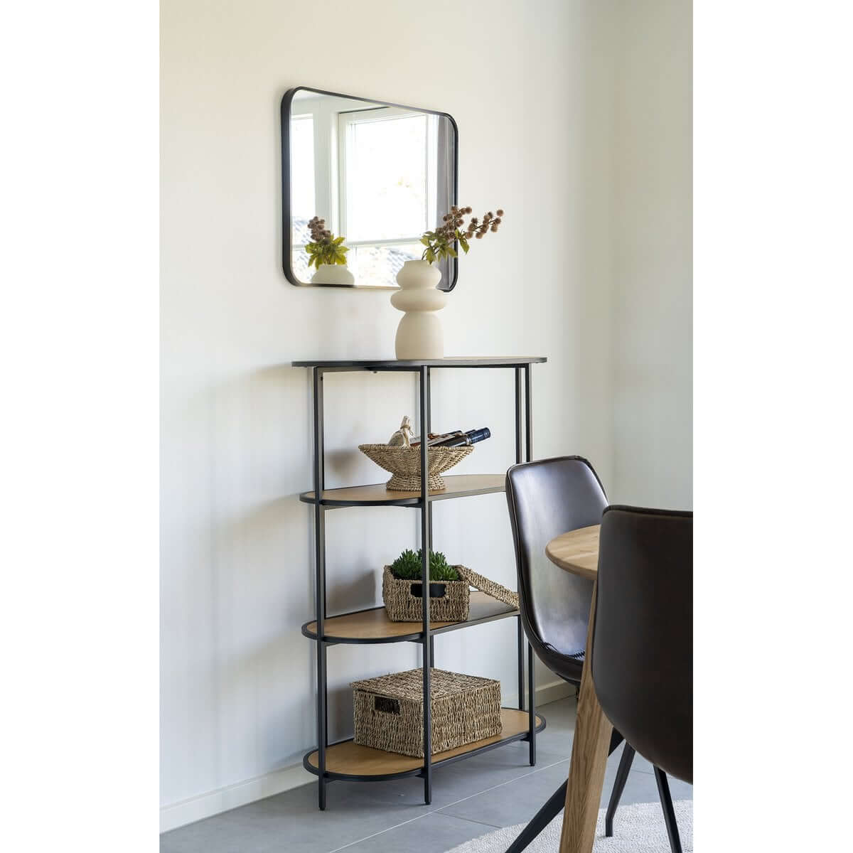Vita wandplank eikenlook - ovaal met zwart metalen frame - 36 × 85 × 111 cm