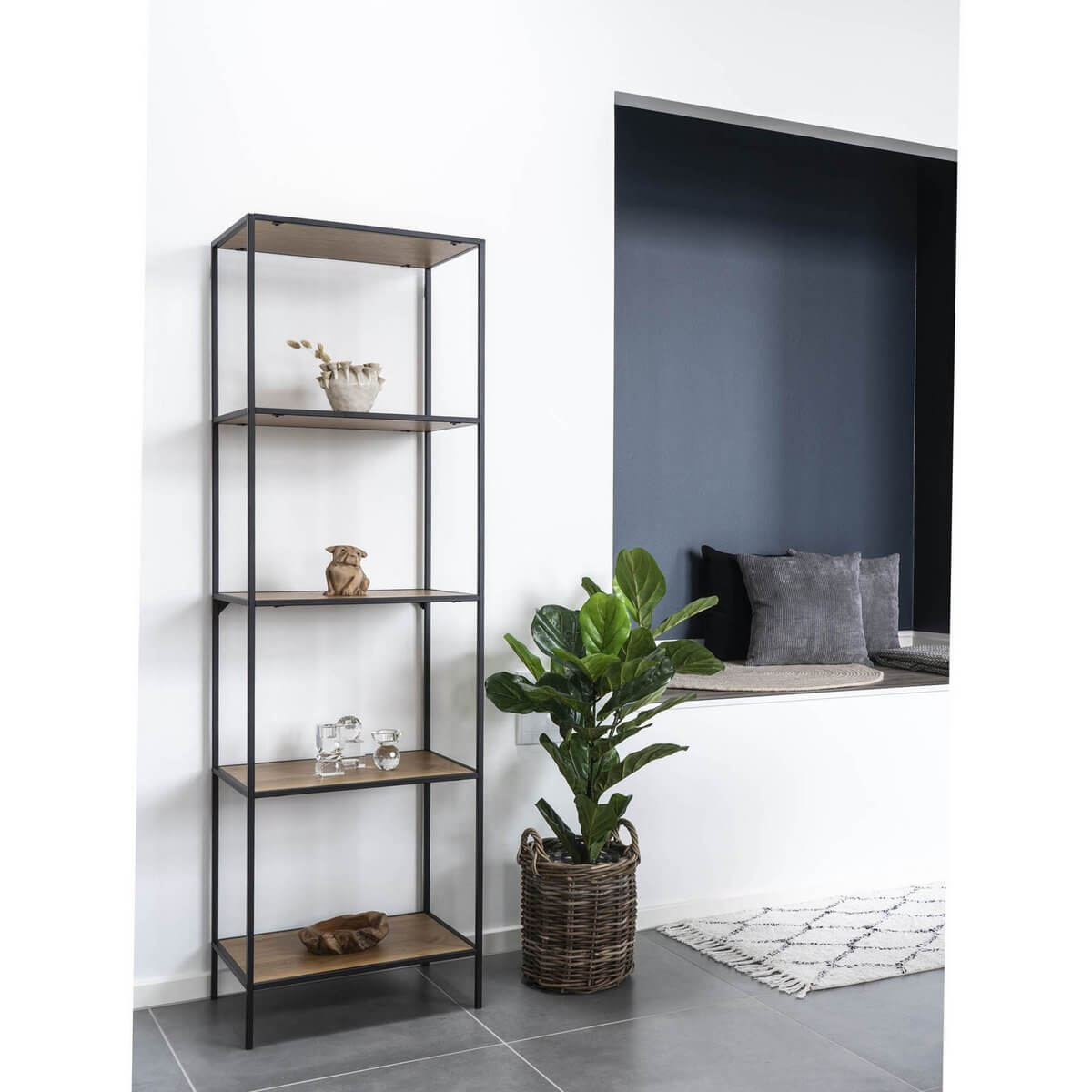 Vita wandplank eikenlook - zwart metalen frame met 5 planken - 36 × 51 × 170 cm