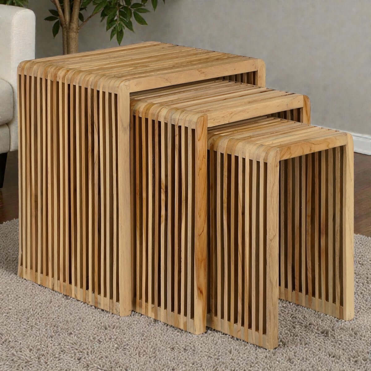 Yonker bijzettafels gerecycled teak bruin - met verticale latjes - set van 3