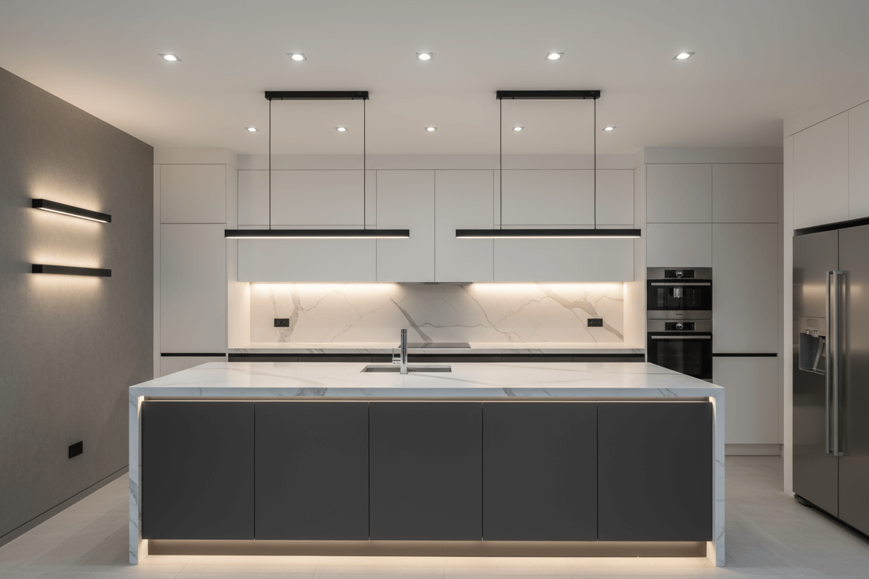 plafond en wandverlichting in een moderne designkeuken