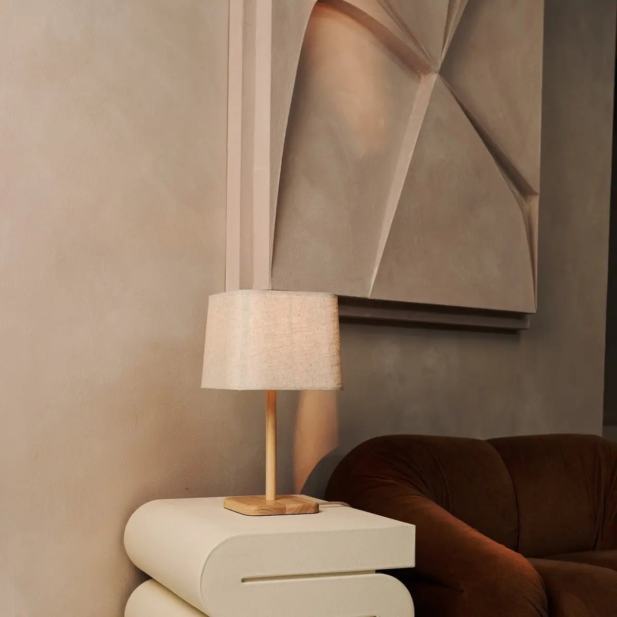 Marley Houten Lamp met Beige Kap | Stijlvolle en organische huisverlichting