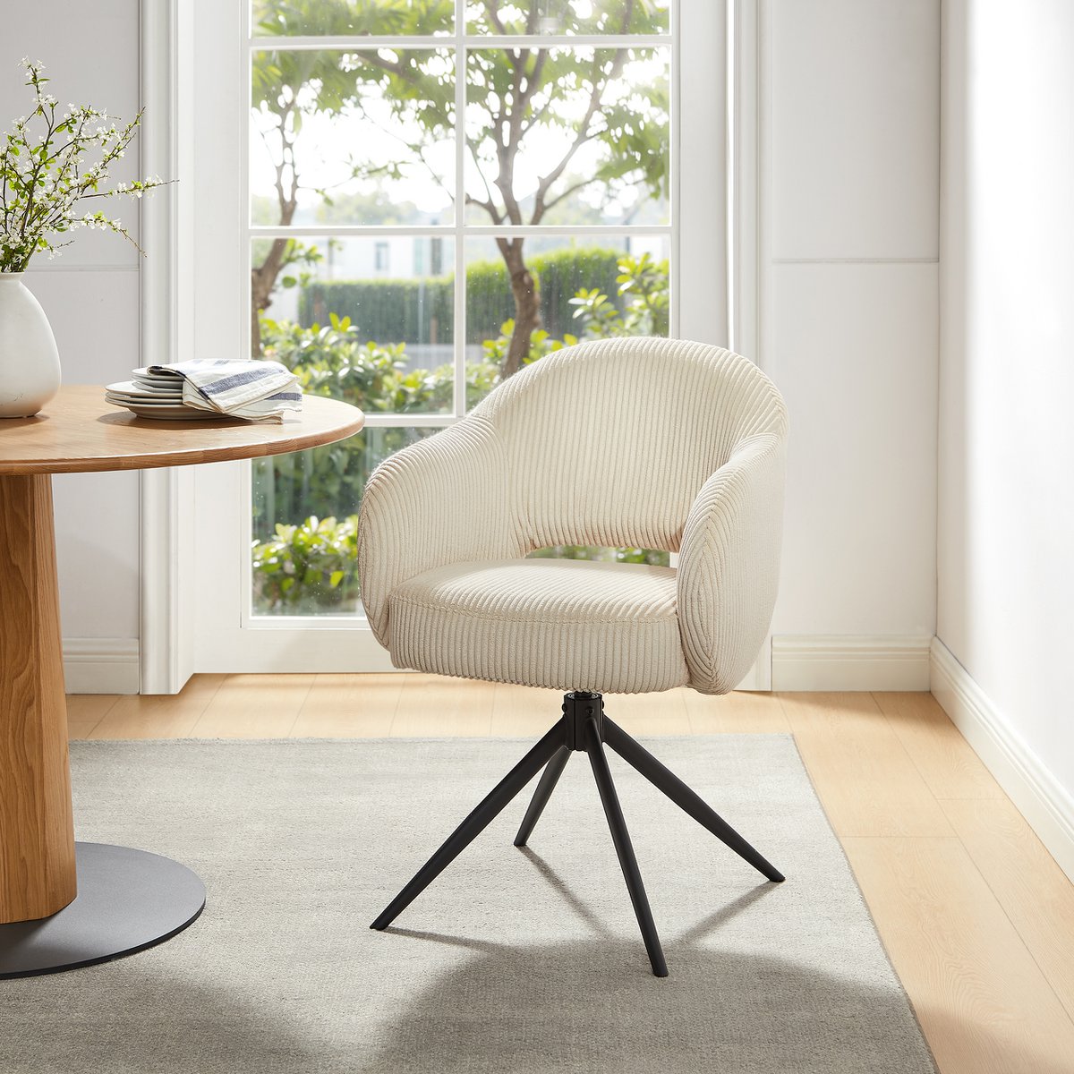 Draaifauteuil Beige met Zwart Metalen Frame – Corduroylook & Pocketvering - SalesFever - Casanovio