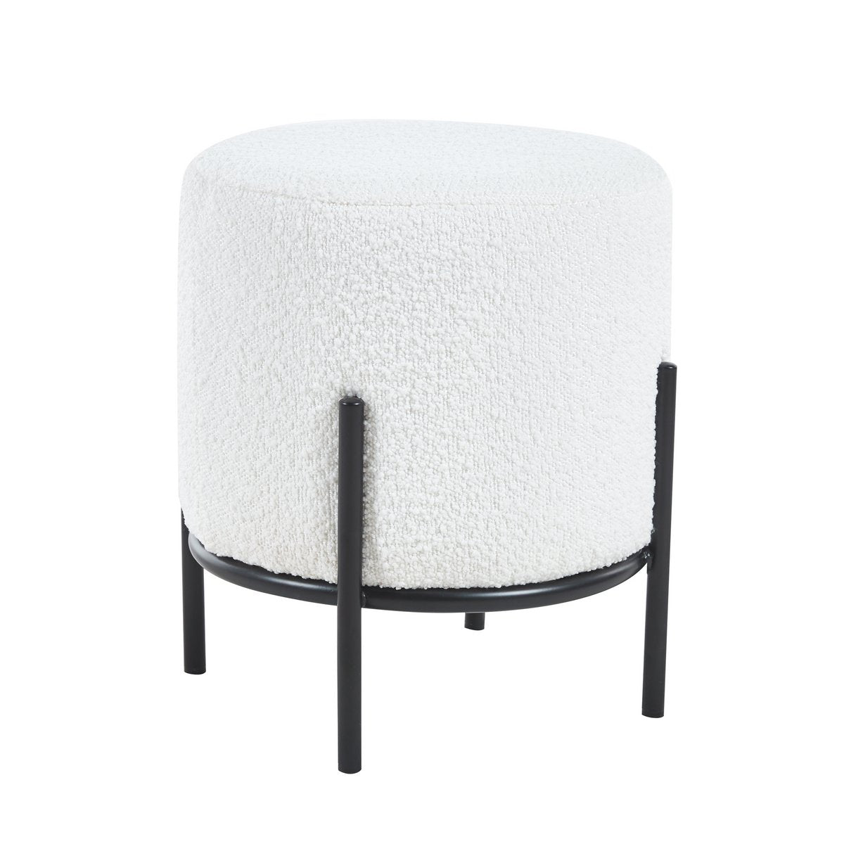 Ronde Bouclé Poef Ø35 cm – Wit met Zwart Metalen Frame - SalesFever - Casanovio