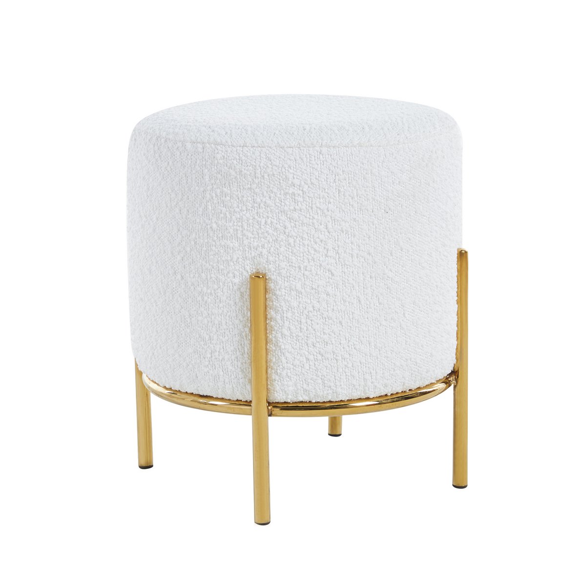 Ronde Bouclé Poef Ø35 cm – Wit met Goud Metalen Frame - SalesFever - Casanovio