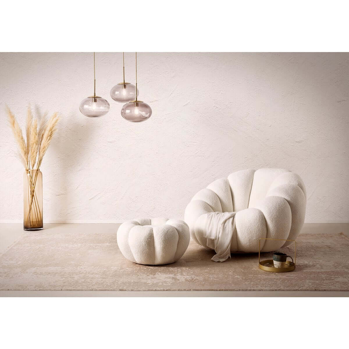 Armchair and stool set made of white teddy fur - SalesFever