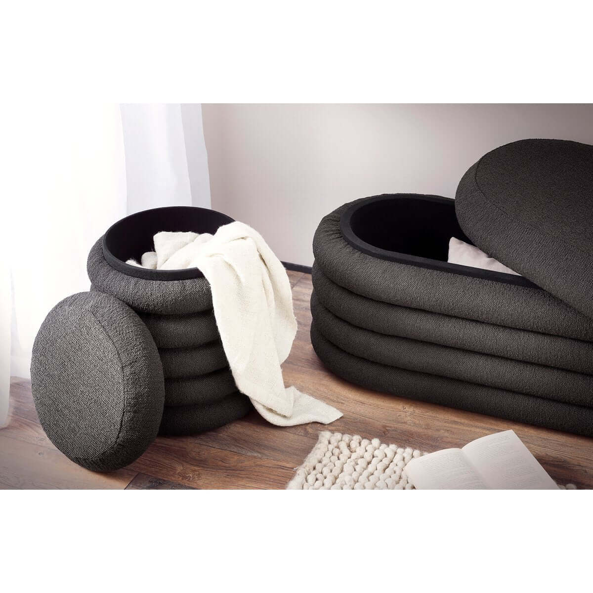 Bouclé Polsterhocker/Bettbank Anthrazit - SalesFever