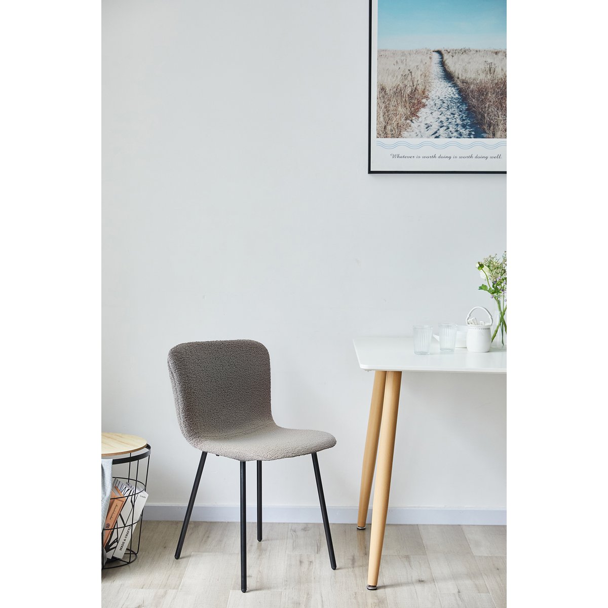 Eetkamerstoel Grijs – Bouclé-Look met Zwart Metalen Frame – Set van 4 - SalesFever - Casanovio