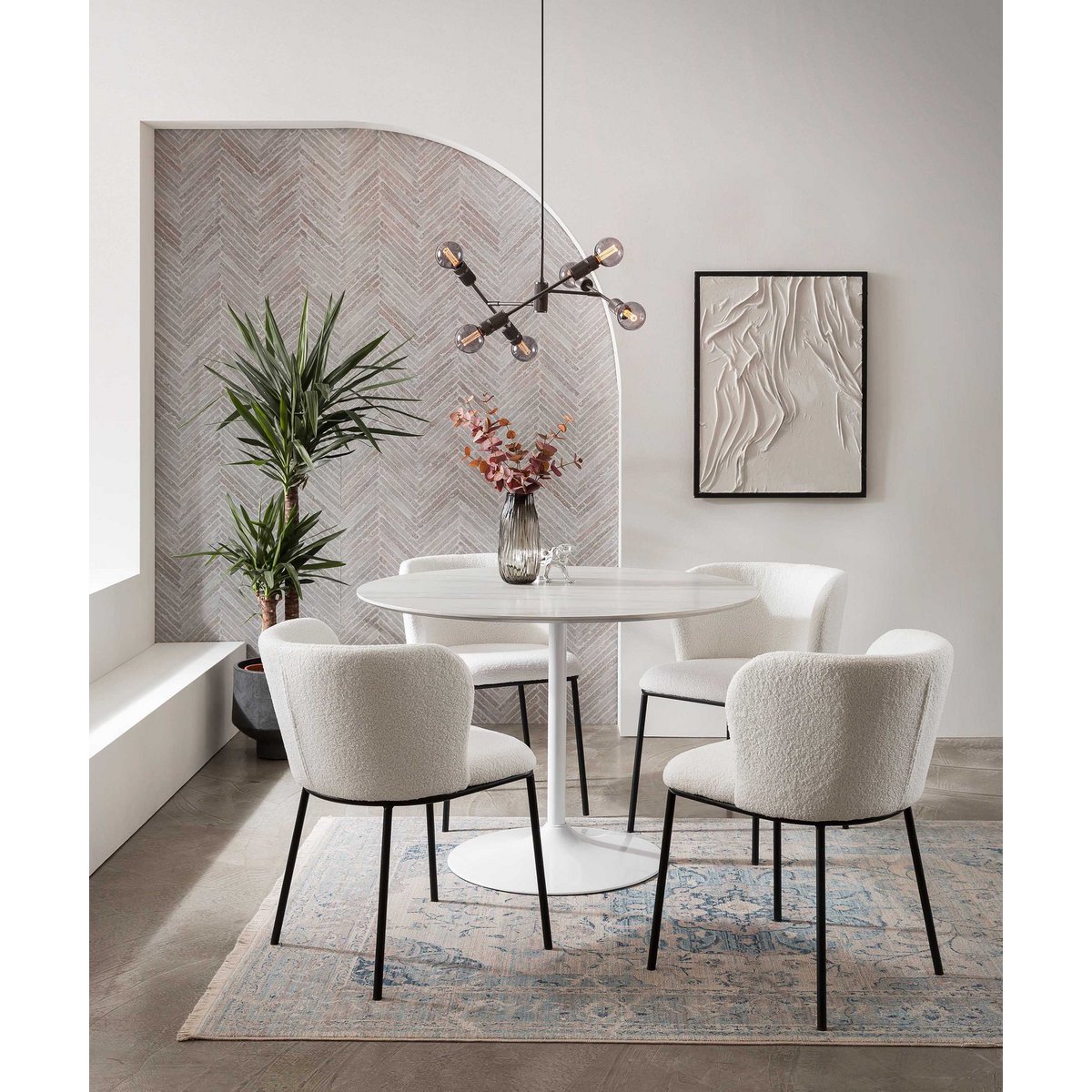 Eetkamerstoel Wit – Bouclé-Look met Zwart Metalen Frame – Set van 2 - SalesFever - Casanovio