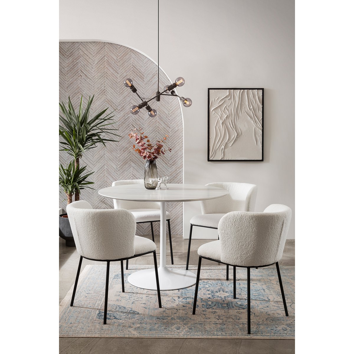 Eetkamerstoel Wit – Bouclé-Look met Zwart Metalen Frame – Set van 2 - SalesFever - Casanovio