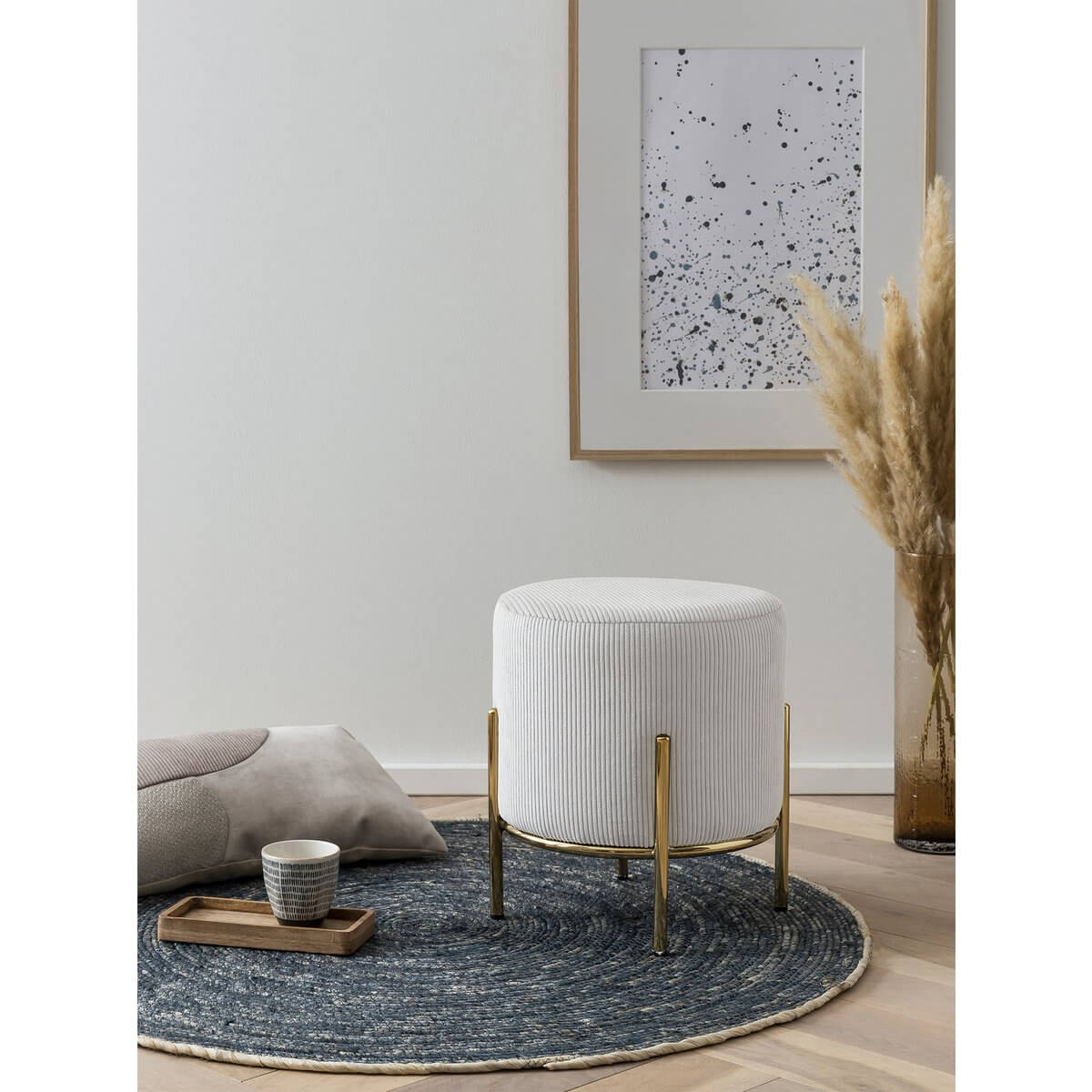 Upholstered stool Ø35 cm cord optic beige - SalesFever