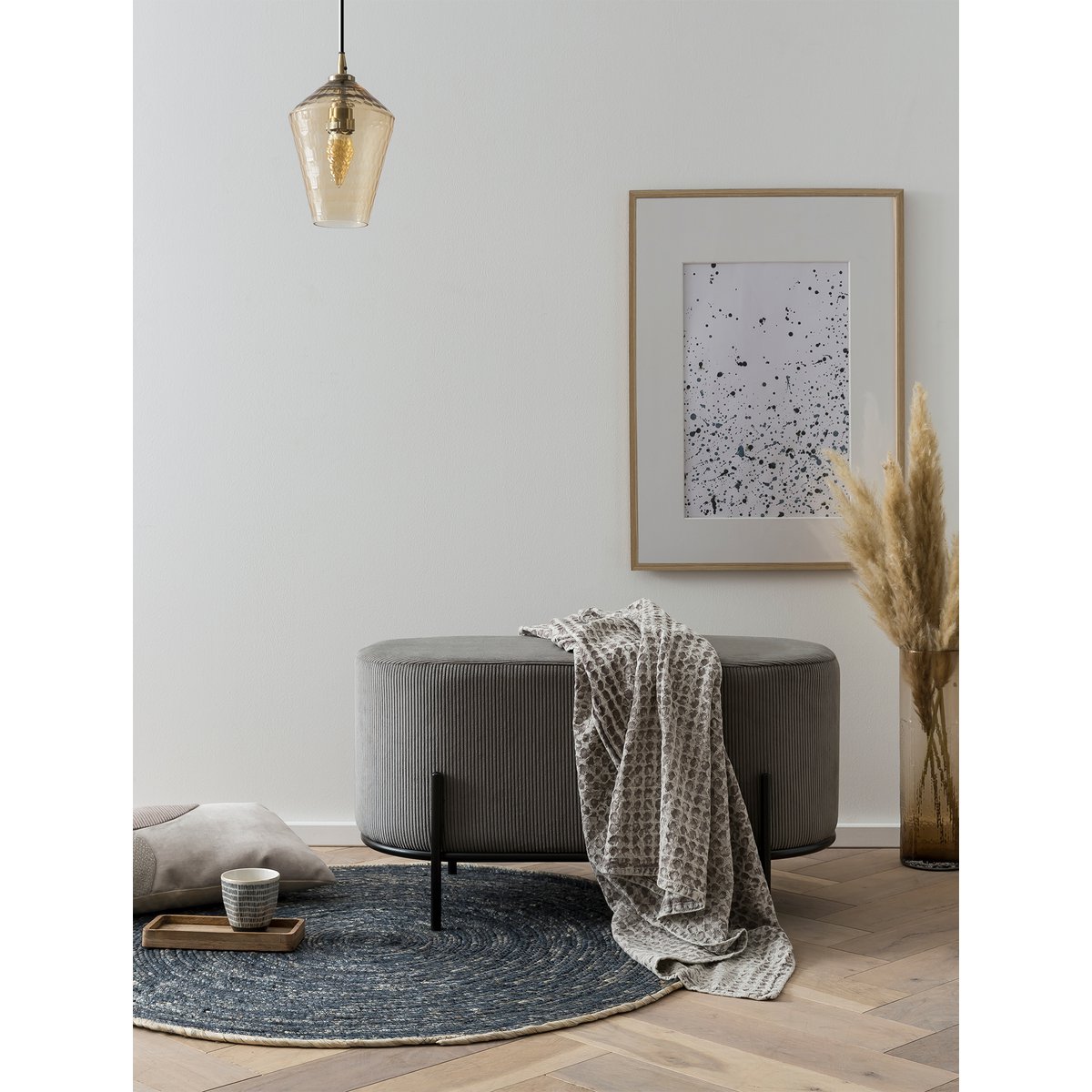 Gestoffeerde Poef – Corduroy-Look met Hoog Frame – Grijs - SalesFever - Casanovio