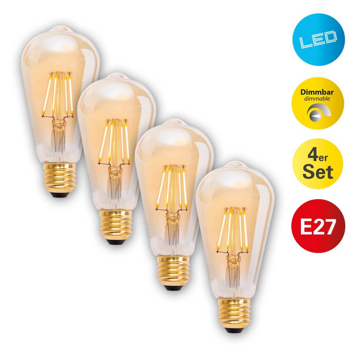 Led filamentlamp amber E27 - dimbaar - set van 4