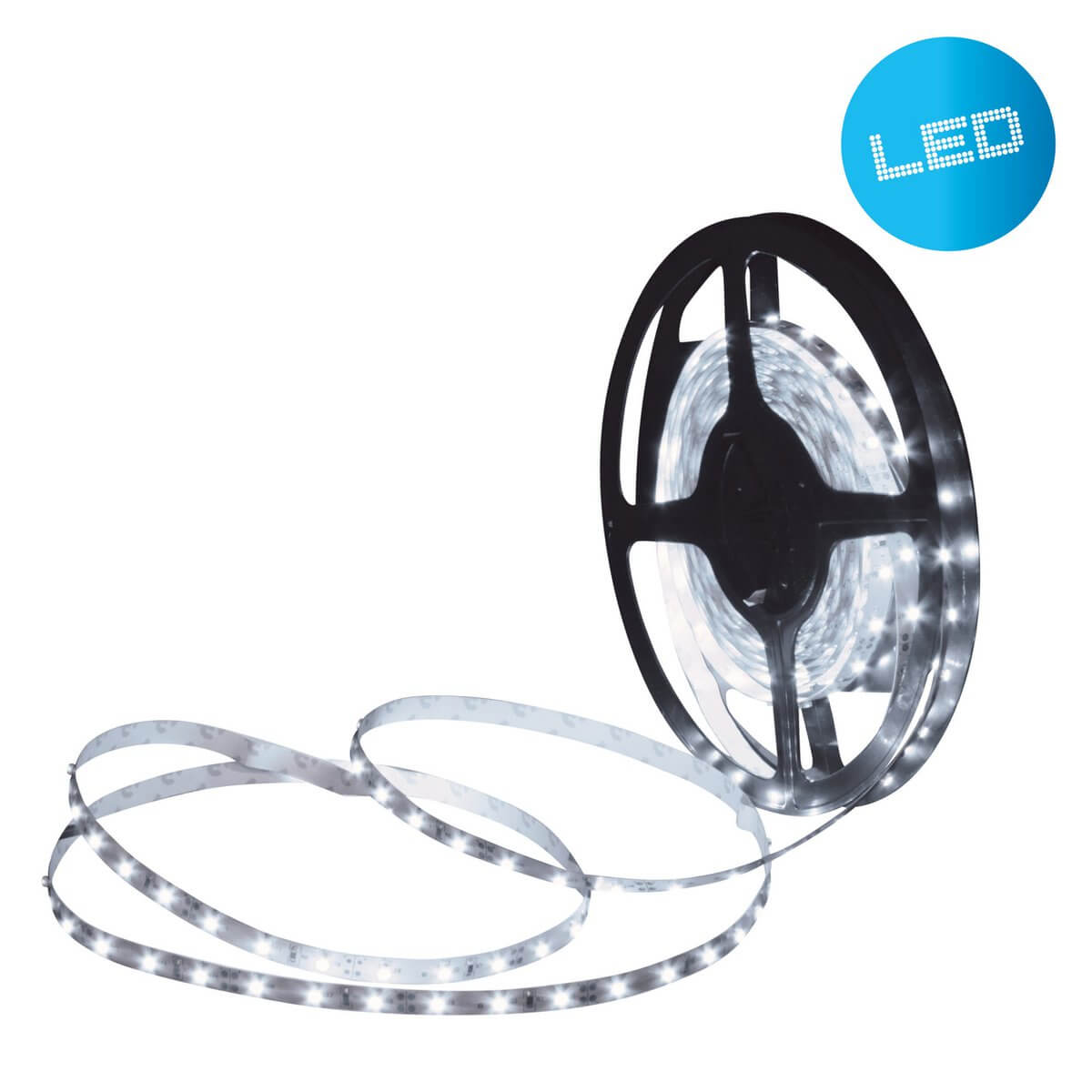 Led "streep" ongeveer 5 m lang, met 2 x 10 cm hoekconnectoren en plug -in voeding; 300 LED's, koud wit.