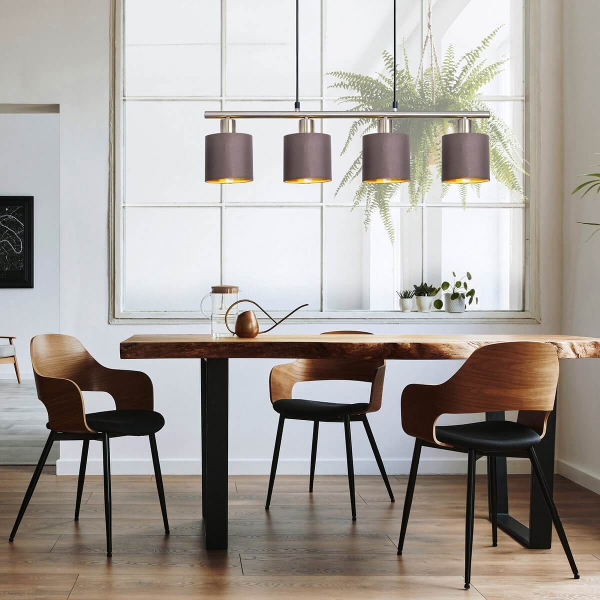 Maron 4-lichts hanglamp nikkel gesatineerd - bruine stofkappen met goud - 72,4 × 12 × 140 cm