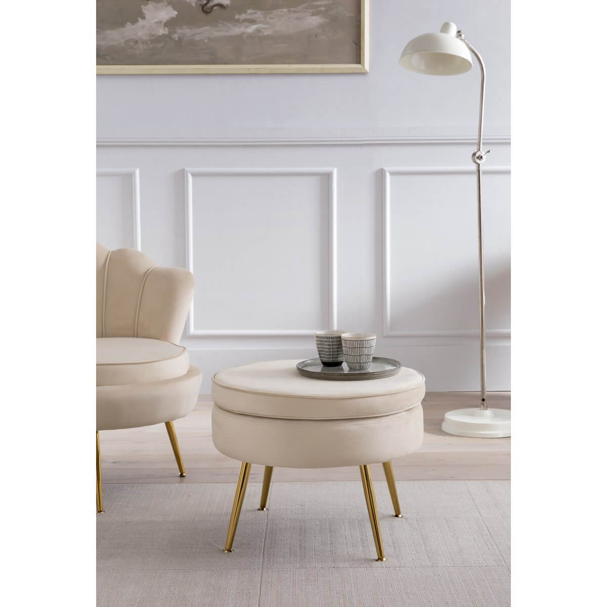 Round pouf in beige velvet - SalesFever