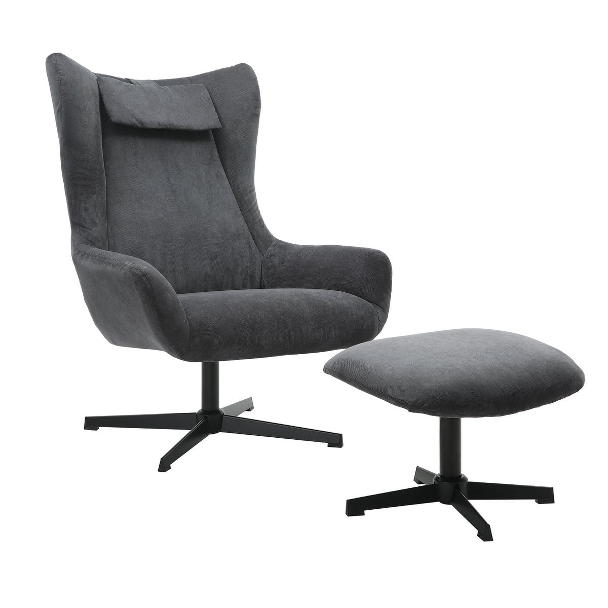 Relaxstoel Donkergrijs inclusief Hocker – Ribstof met Zwart Metalen Frame - SalesFever - Casanovio