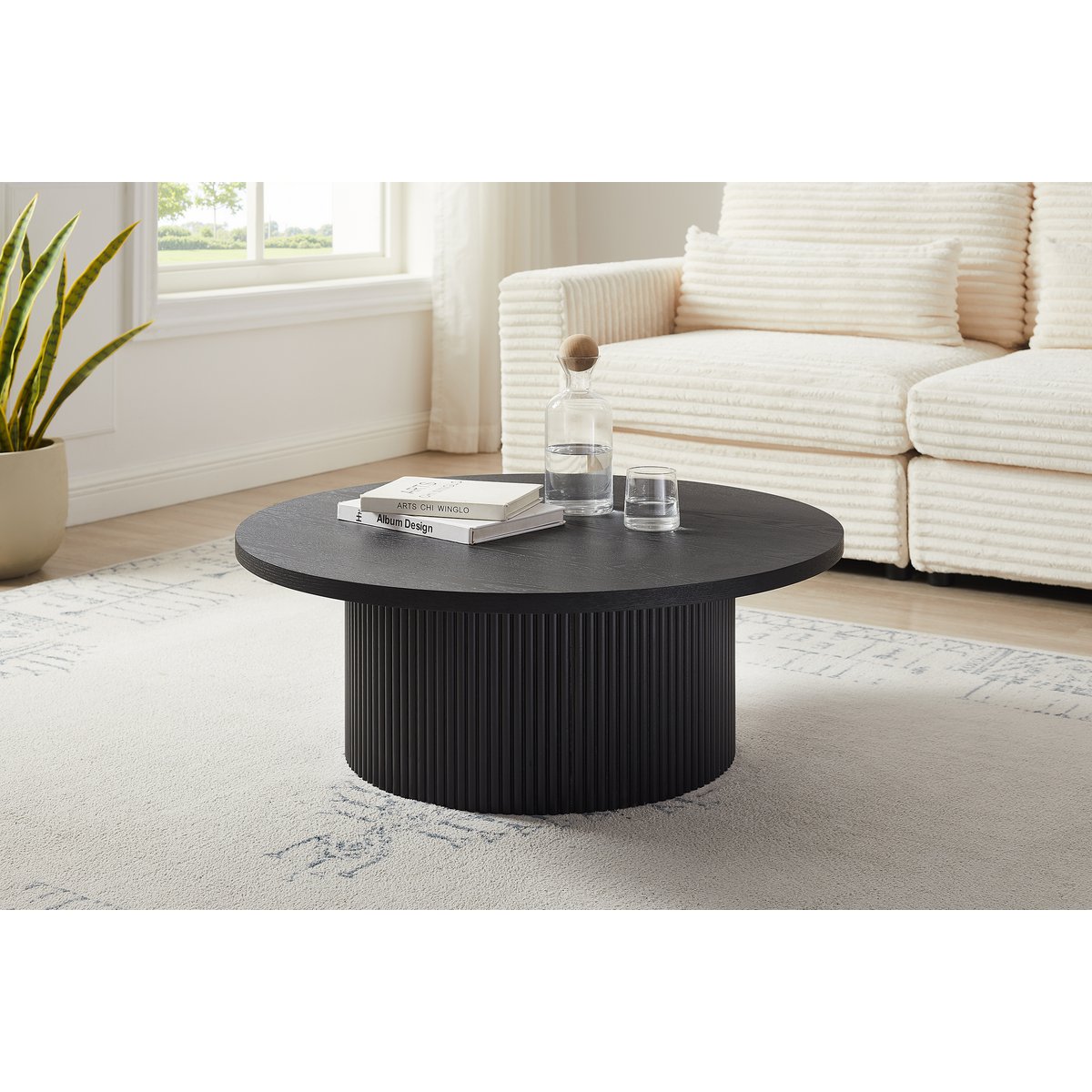 Ronde Salontafel Ø 85 cm Zwart – Ash Houtfineer met Massief Latwerk & Kolomvoet - SalesFever - Casanovio