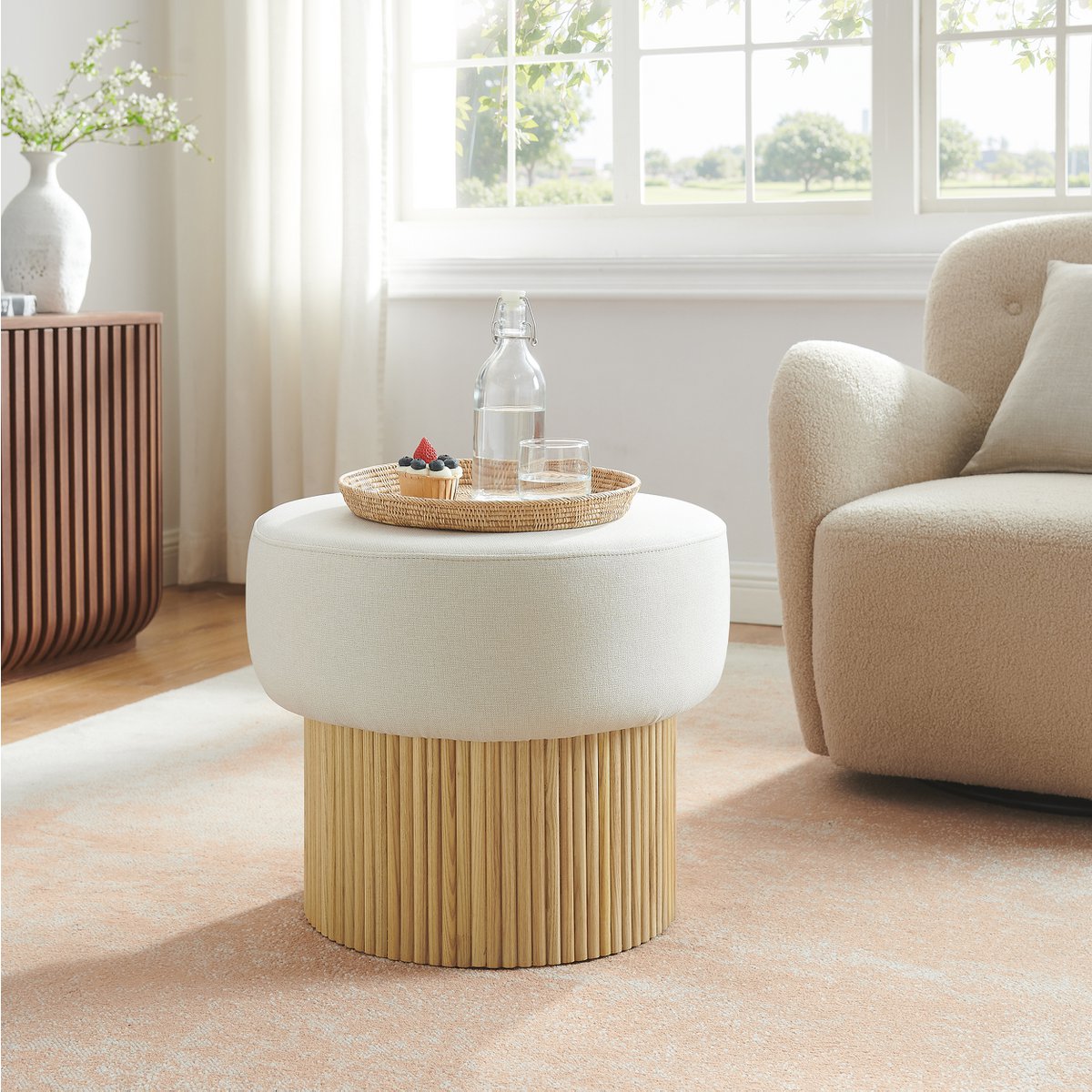 Stoel pouf met opslagruimte Ø 50 cm natuurlijk/wit - SalesFever - Casanovio