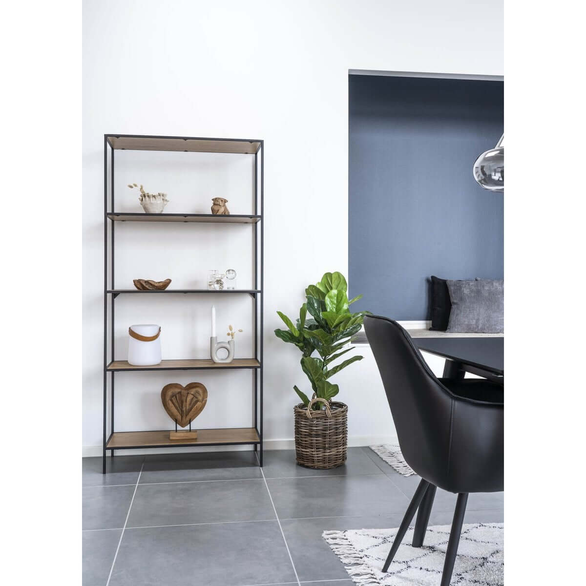 Vita wandplank eikenlook - zwart metalen frame met 5 planken - 36 × 80 × 170 cm