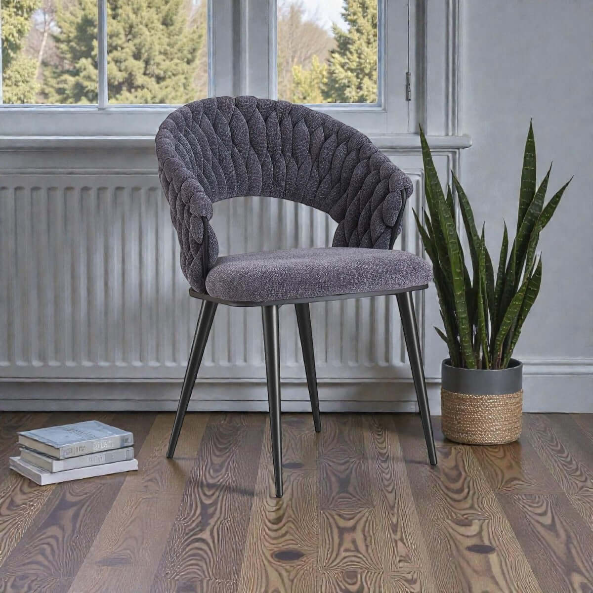 Wave eetkamerstoel antraciet - gevlochten stof met zwarte poten - 58 × 61 × 84 cm