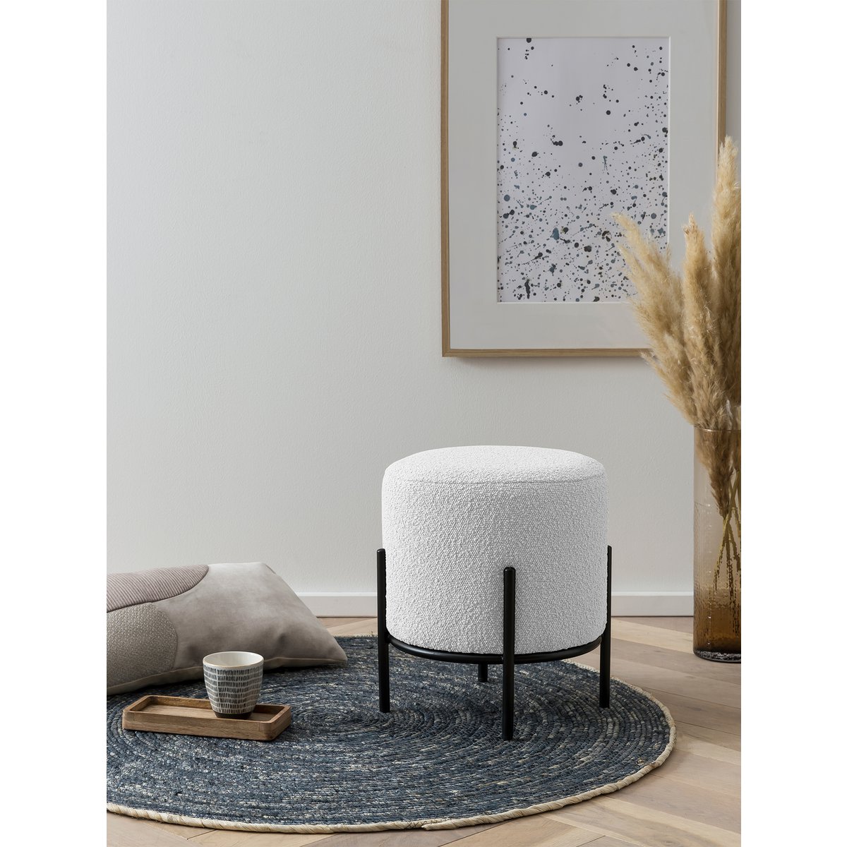Ronde Bouclé Poef Ø35 cm – Wit met Zwart Metalen Frame - SalesFever - Casanovio