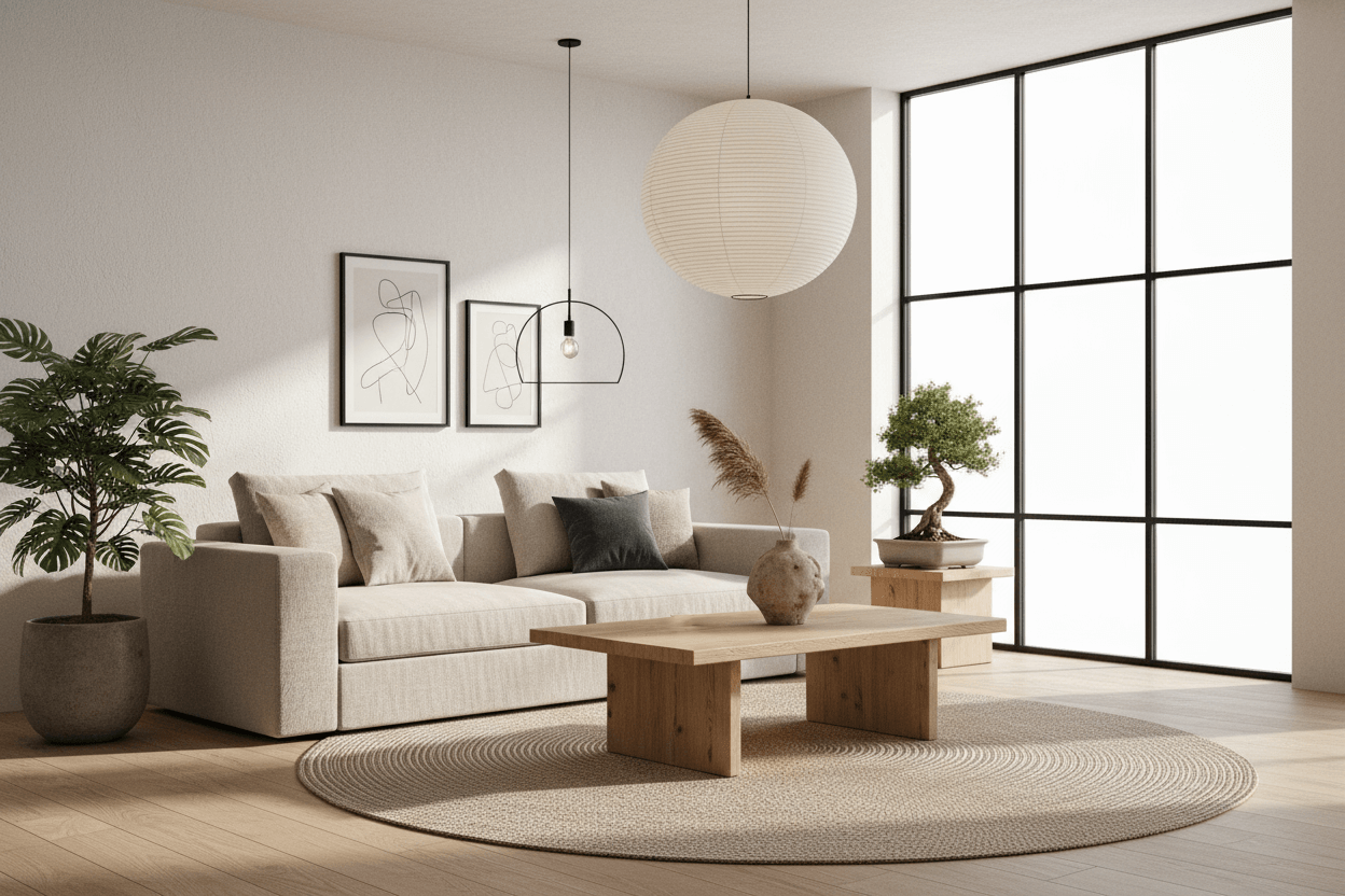 sfeerbeeld van een woonkamer ingericht in japandi stijl